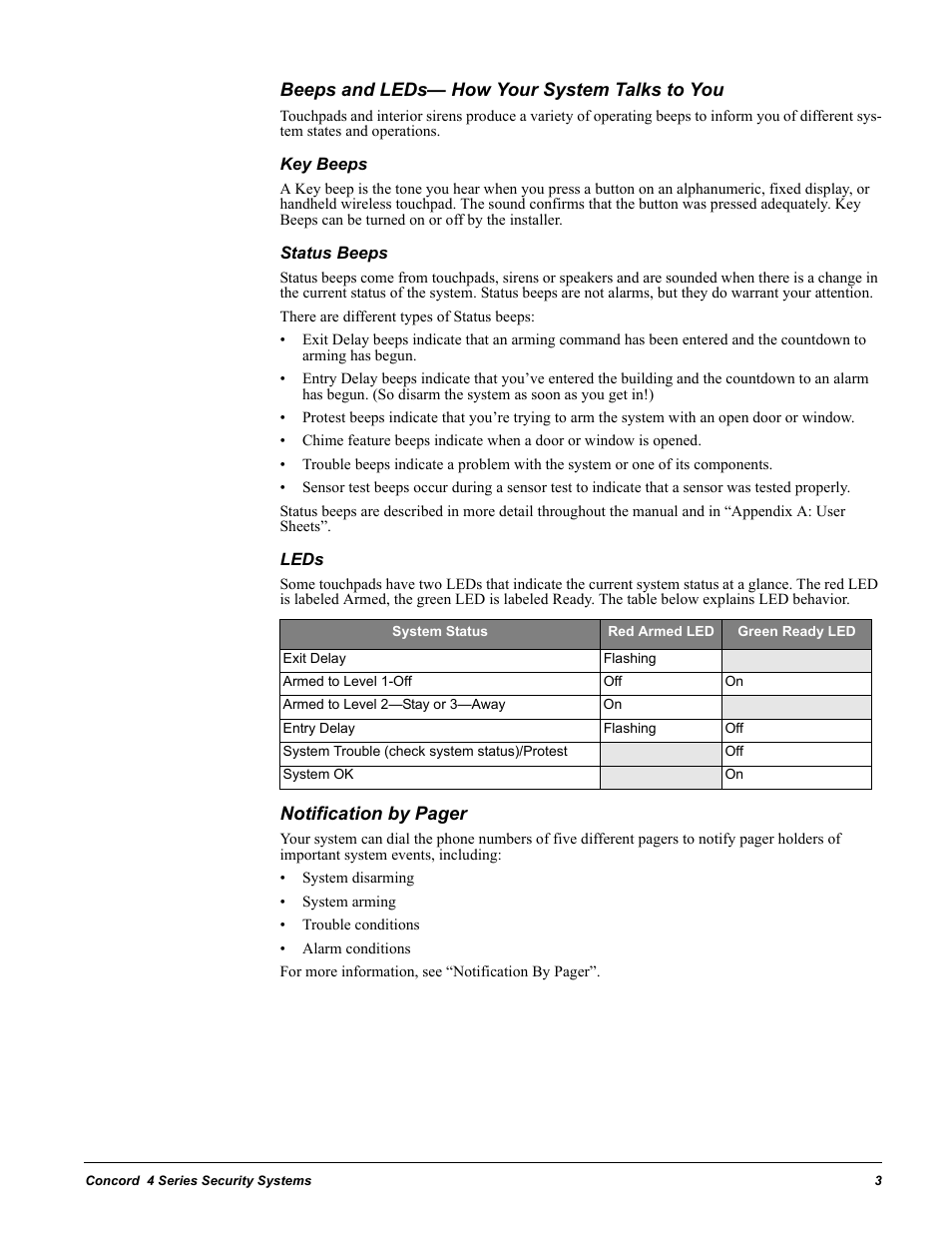 Beeps and leds- how your system talks to you, Key beeps, Status beeps | Leds, Beeps and leds— how your system talks to you, Key beeps status beeps leds | GE Concord 4 User Manual | Page 13 / 72