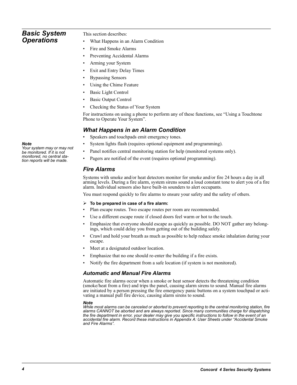 Basic system operations, What happens in an alarm condition, Fire alarms | Automatic and manual fire alarms, What happens in an alarm condition fire alarms | GE Concord 4 User Manual | Page 14 / 72