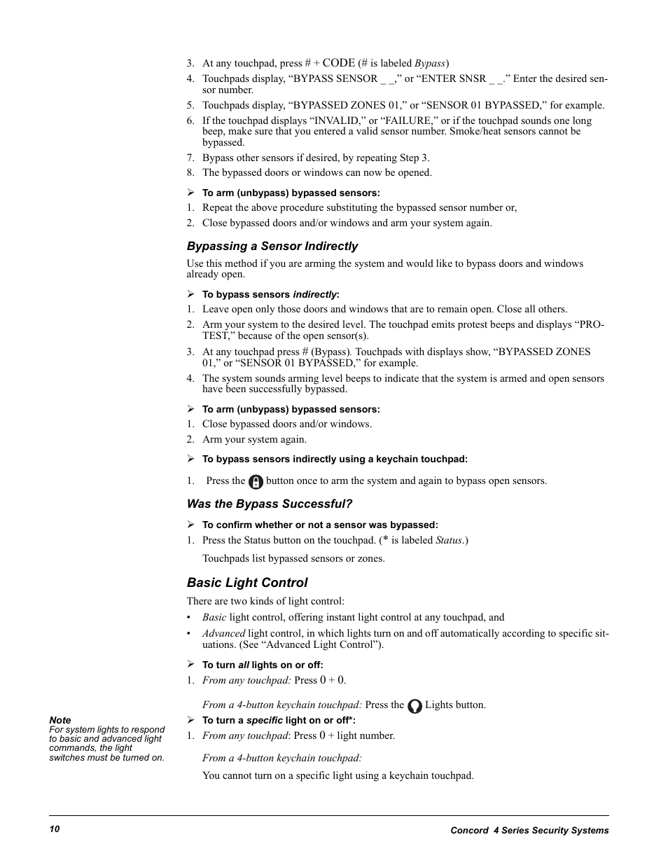 The bypassed doors or windows can now be opened, Bypassing a sensor indirectly, Close bypassed doors and/or windows | Arm your system again, Was the bypass successful, Basic light control | GE Concord 4 User Manual | Page 20 / 72