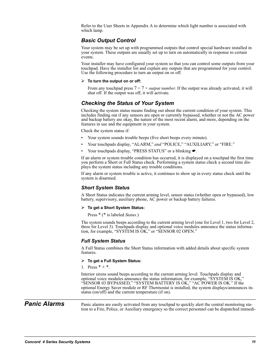 Basic output control, Checking the status of your system, Short system status | Full system status, Press, Panic alarms, Short system status full system status | GE Concord 4 User Manual | Page 21 / 72