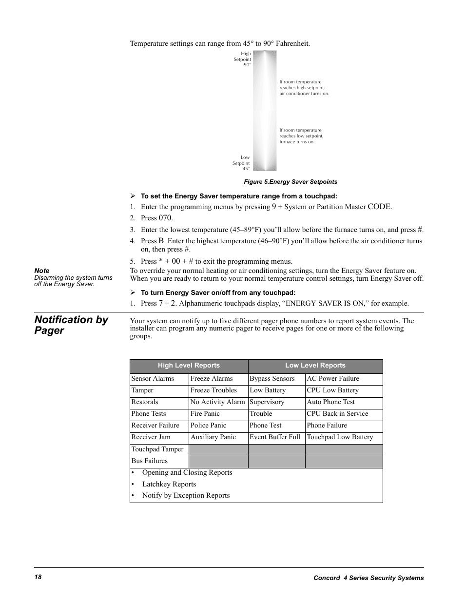 Figure 5. energy saver setpoints, Press 070, Press * + 00 + # to exit the programming menus | Notification by pager | GE Concord 4 User Manual | Page 28 / 72