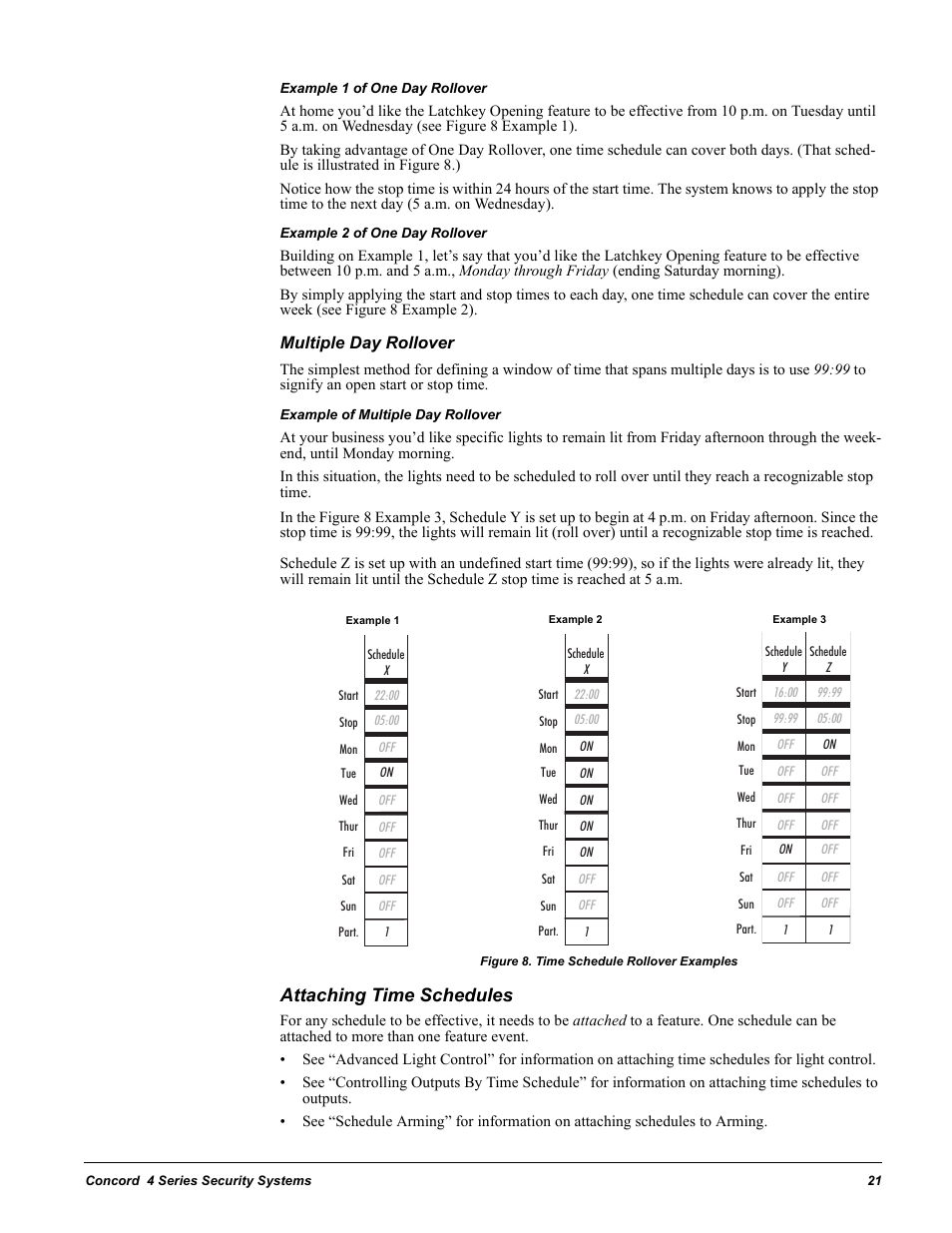 Example 1 of one day rollover, Example 2 of one day rollover, Multiple day rollover | Example of multiple day rollover, Figure 8. time schedule rollover examples, Attaching time schedules | GE Concord 4 User Manual | Page 31 / 72