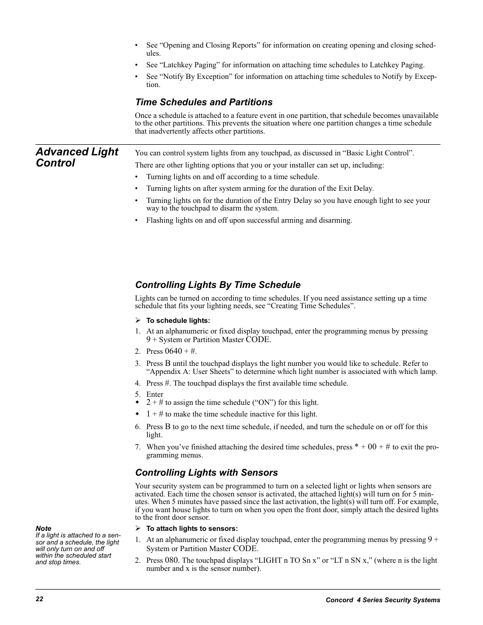 Time schedules and partitions, Advanced light control, Controlling lights by time schedule | Press 0640, Enter, Controlling lights with sensors | GE Concord 4 User Manual | Page 32 / 72