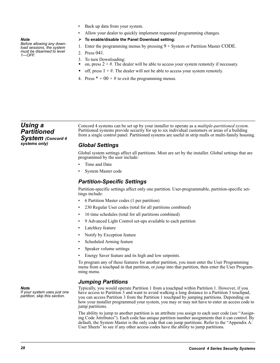 Press 041, To turn downloading, Press * + 00 + # to exit the programming menus | Global settings, Partition-specific settings, Jumping partitions, Using a partitioned system | GE Concord 4 User Manual | Page 38 / 72