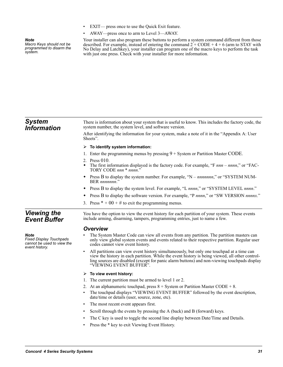 System information, Press 010, Press * + 00 + # to exit the programming menus | Viewing the event buffer, Overview | GE Concord 4 User Manual | Page 41 / 72