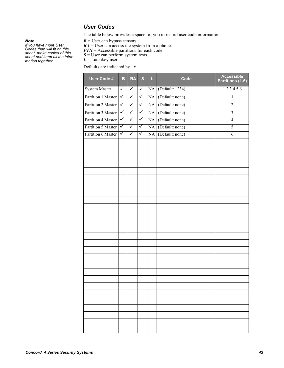 User codes | GE Concord 4 User Manual | Page 53 / 72