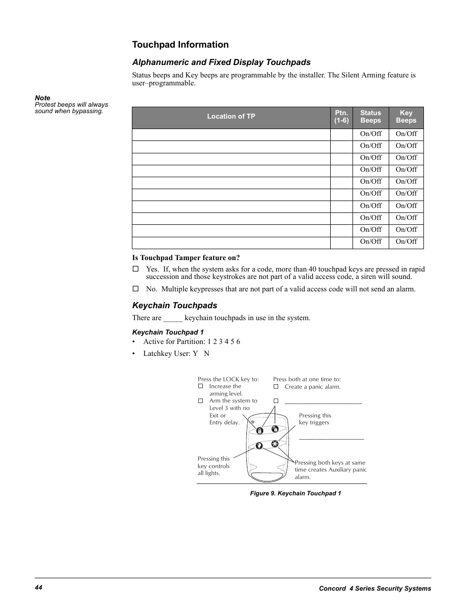 Touchpad information, Alphanumeric and fixed display touchpads, Keychain touchpads | Keychain touchpad 1, Figure 9. keychain touchpad 1 | GE Concord 4 User Manual | Page 54 / 72