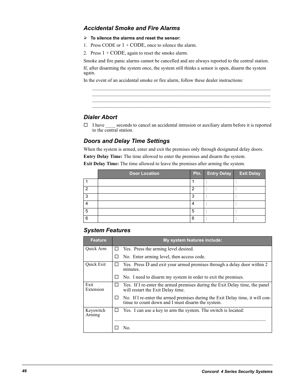 Accidental smoke and fire alarms, Press code or 1 + code, once to silence the alarm, Press 1 + code, again to reset the smoke alarm | Dialer abort, Doors and delay time settings, System features | GE Concord 4 User Manual | Page 56 / 72