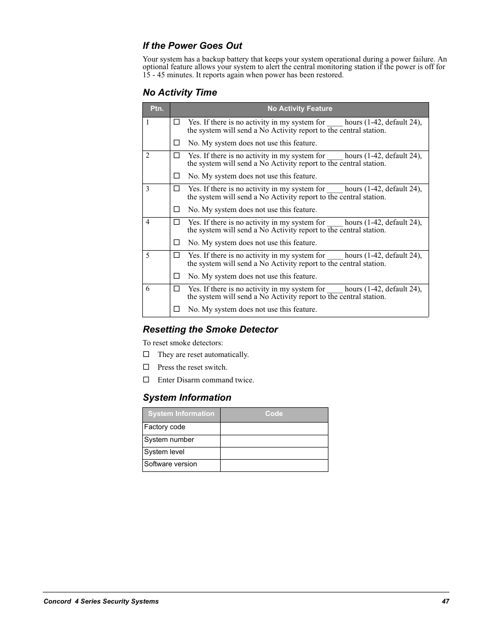 If the power goes out, No activity time, Resetting the smoke detector | System information | GE Concord 4 User Manual | Page 57 / 72