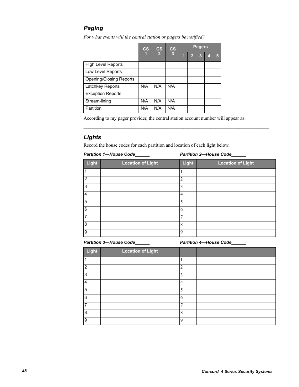 Paging, Lights, Paging lights | GE Concord 4 User Manual | Page 58 / 72