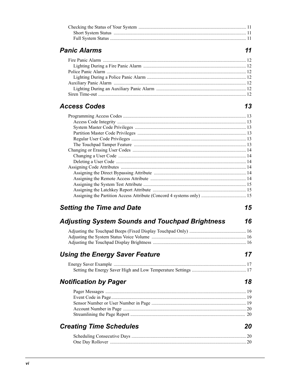 Panic alarms 11, Access codes 13, Using the energy saver feature 17 | Notification by pager 18, Creating time schedules 20 | GE Concord 4 User Manual | Page 6 / 72