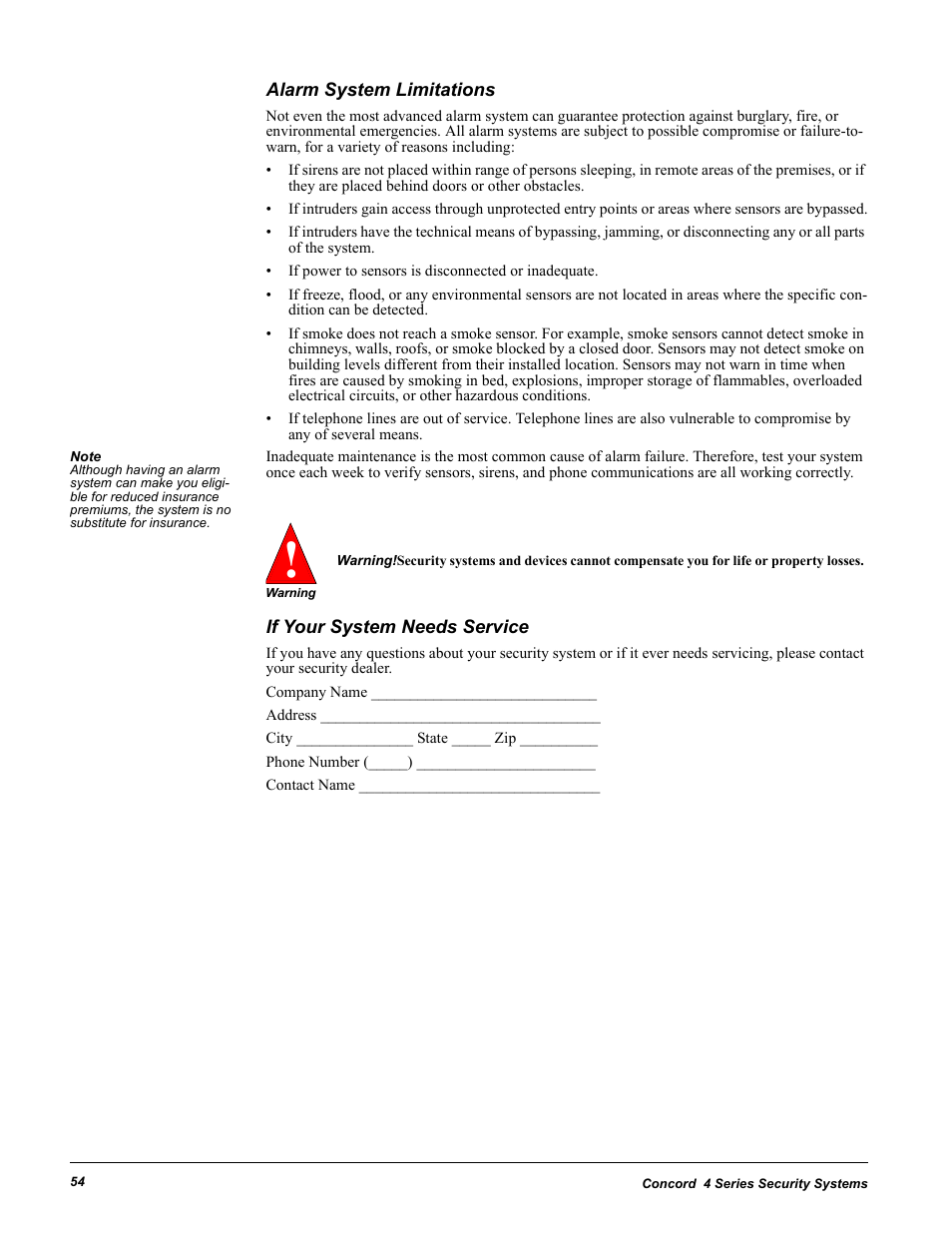 Alarm system limitations, If your system needs service, Limitations if your system needs service | GE Concord 4 User Manual | Page 64 / 72