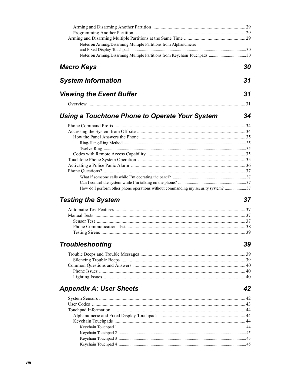 Using a touchtone phone to operate your system 34, Testing the system 37, Troubleshooting 39 | Appendix a: user sheets 42 | GE Concord 4 User Manual | Page 8 / 72