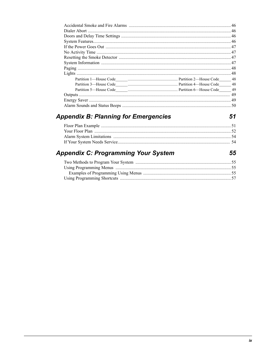 Appendix b: planning for emergencies 51, Appendix c: programming your system 55 | GE Concord 4 User Manual | Page 9 / 72