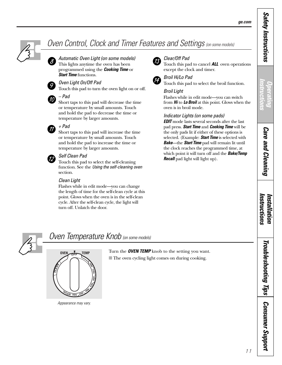 Oven temperature knob, Automatic oven light (on some models), Oven light on/off pad | Self clean pad, Clean light, Clear/off pad, Broil hi/lo pad, Broil light, Indicator lights (on some pads) | GE EGR2001 User Manual | Page 11 / 56