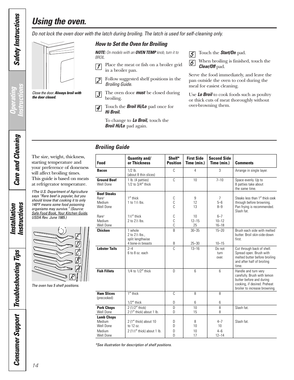 Broiling, broiling guide, Using the oven, Broiling guide | How to set the oven for broiling | GE EGR2001 User Manual | Page 14 / 56