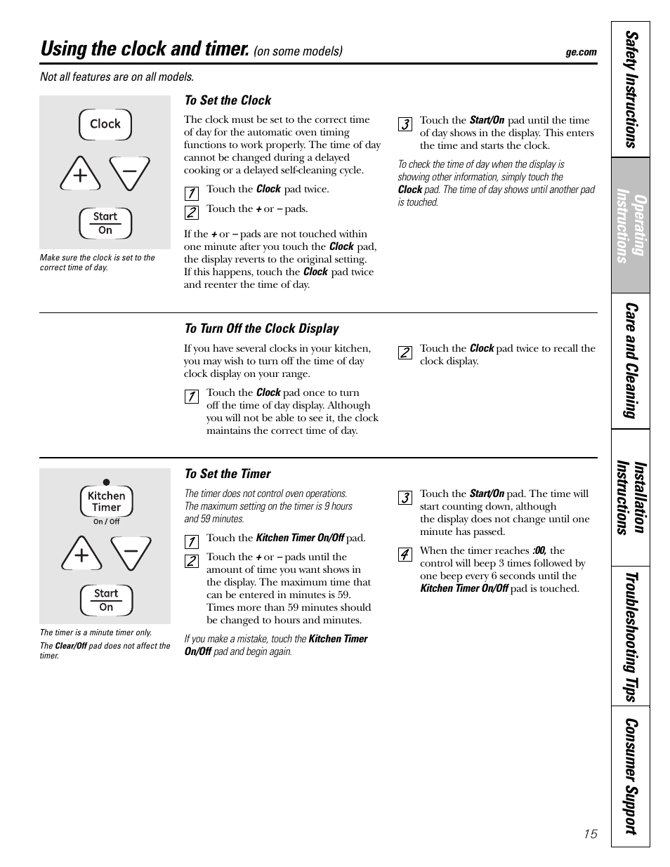 Clock and timer, Clock and timer , 16, Using the clock and timer | GE EGR2001 User Manual | Page 15 / 56