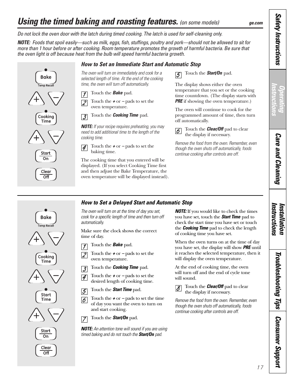 Timed baking and roasting, Using the timed baking and roasting features | GE EGR2001 User Manual | Page 17 / 56