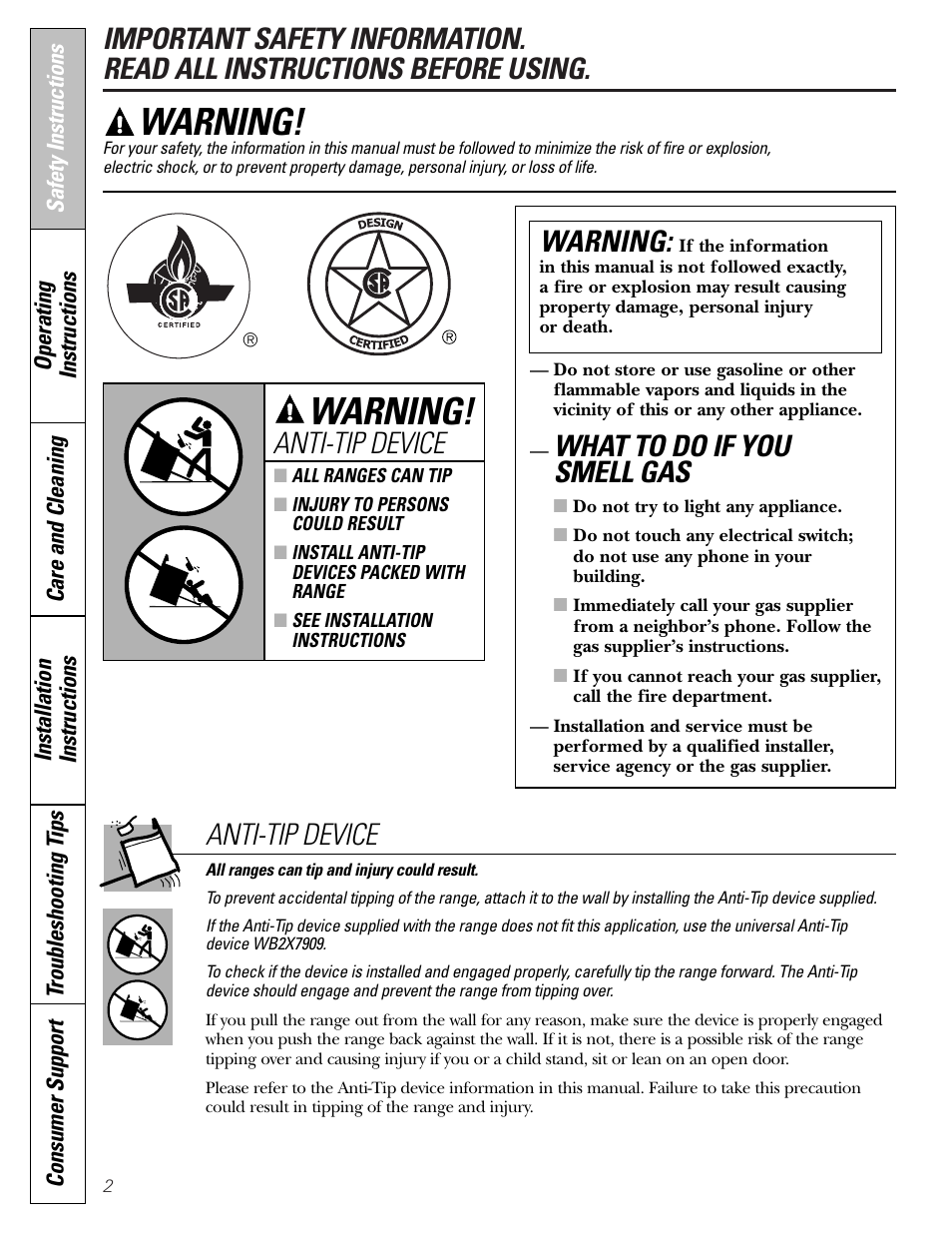 Safety instructions, What to do if you smell gas, Warning | Anti-tip device | GE EGR2001 User Manual | Page 2 / 56