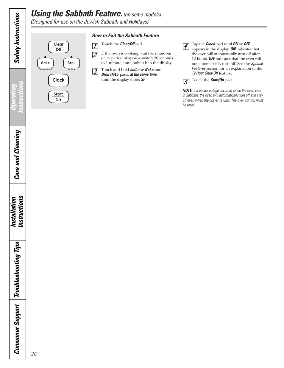 Using the sabbath feature | GE EGR2001 User Manual | Page 20 / 56