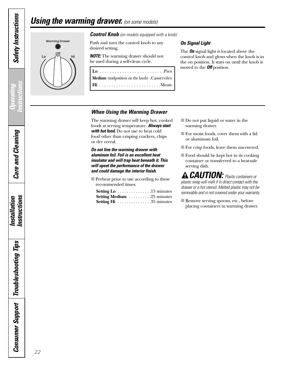 Self-cleaning, Warming drawer, Self-cleaning , 23 | Warming drawer , 23, Using the warming drawer, Caution | GE EGR2001 User Manual | Page 22 / 56