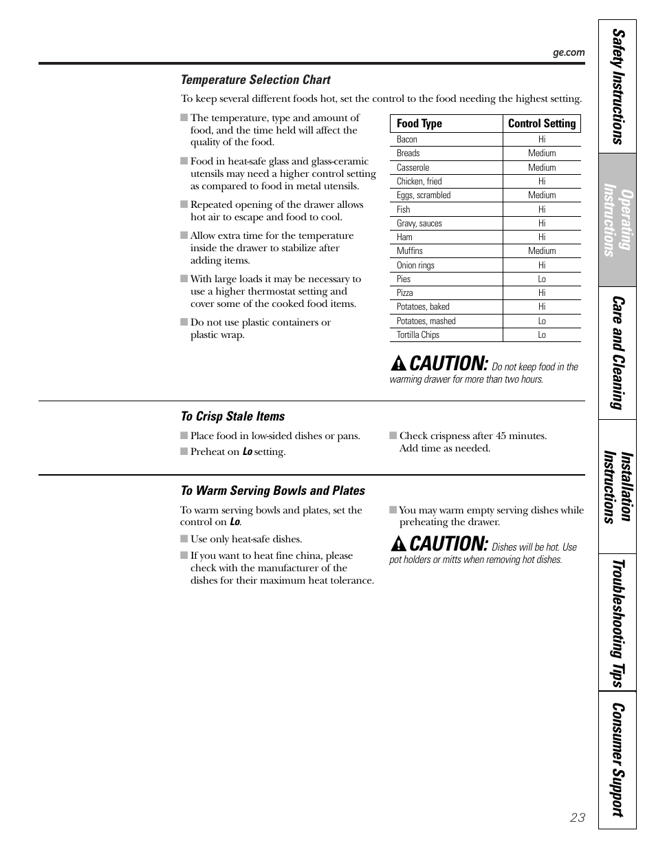 Caution | GE EGR2001 User Manual | Page 23 / 56