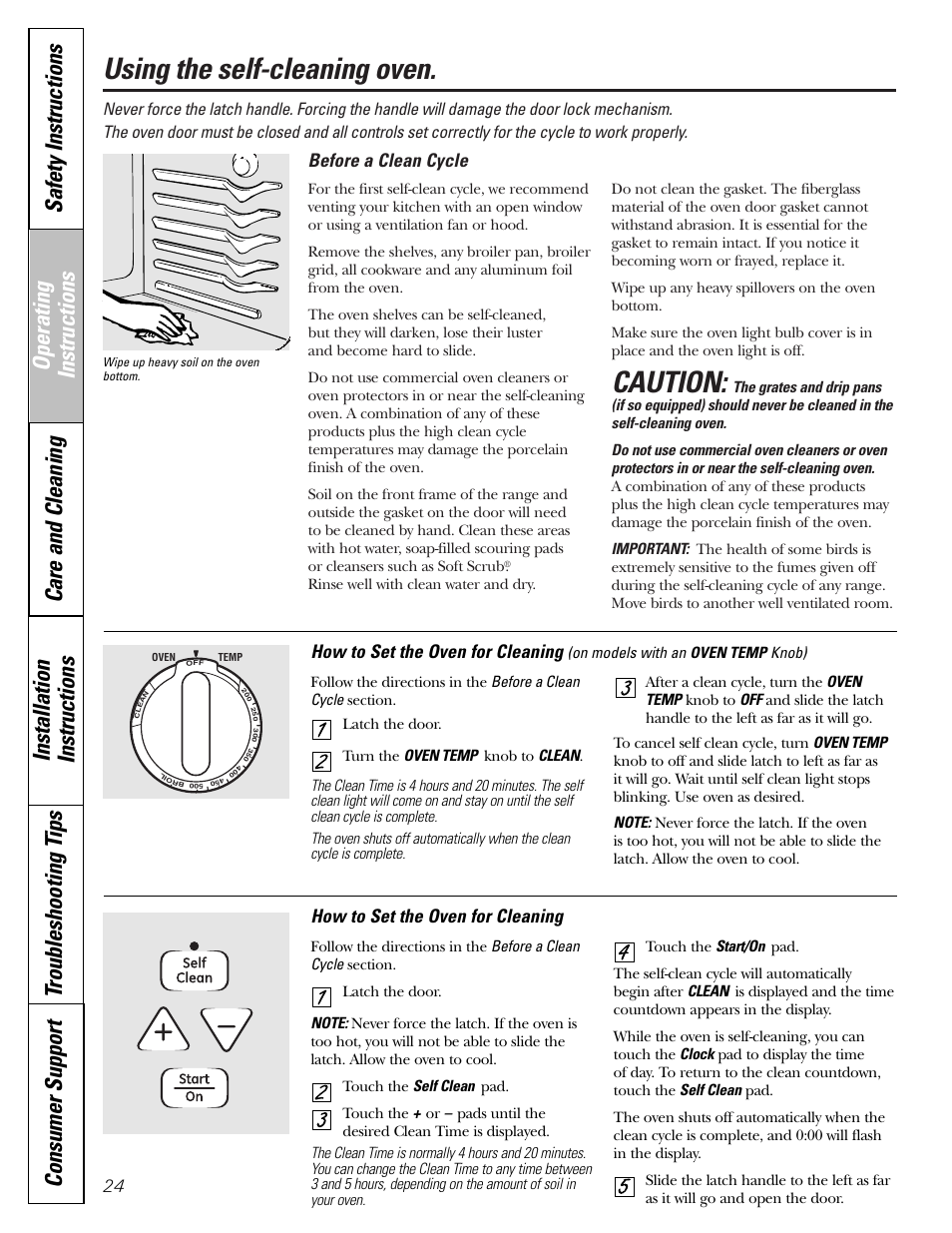 Self-cleaning, Self-cleaning , 25, Caution | Using the self-cleaning oven, Before a clean cycle, How to set the oven for cleaning, 24 how to set the oven for cleaning | GE EGR2001 User Manual | Page 24 / 56
