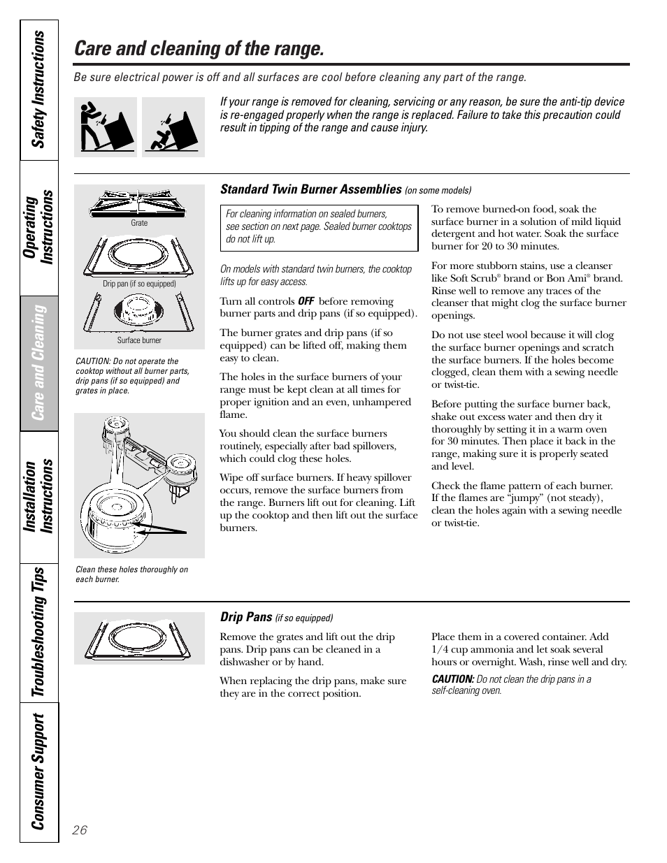 Burner assembly, Burner assembly –28, Care and cleaning of the range | GE EGR2001 User Manual | Page 26 / 56
