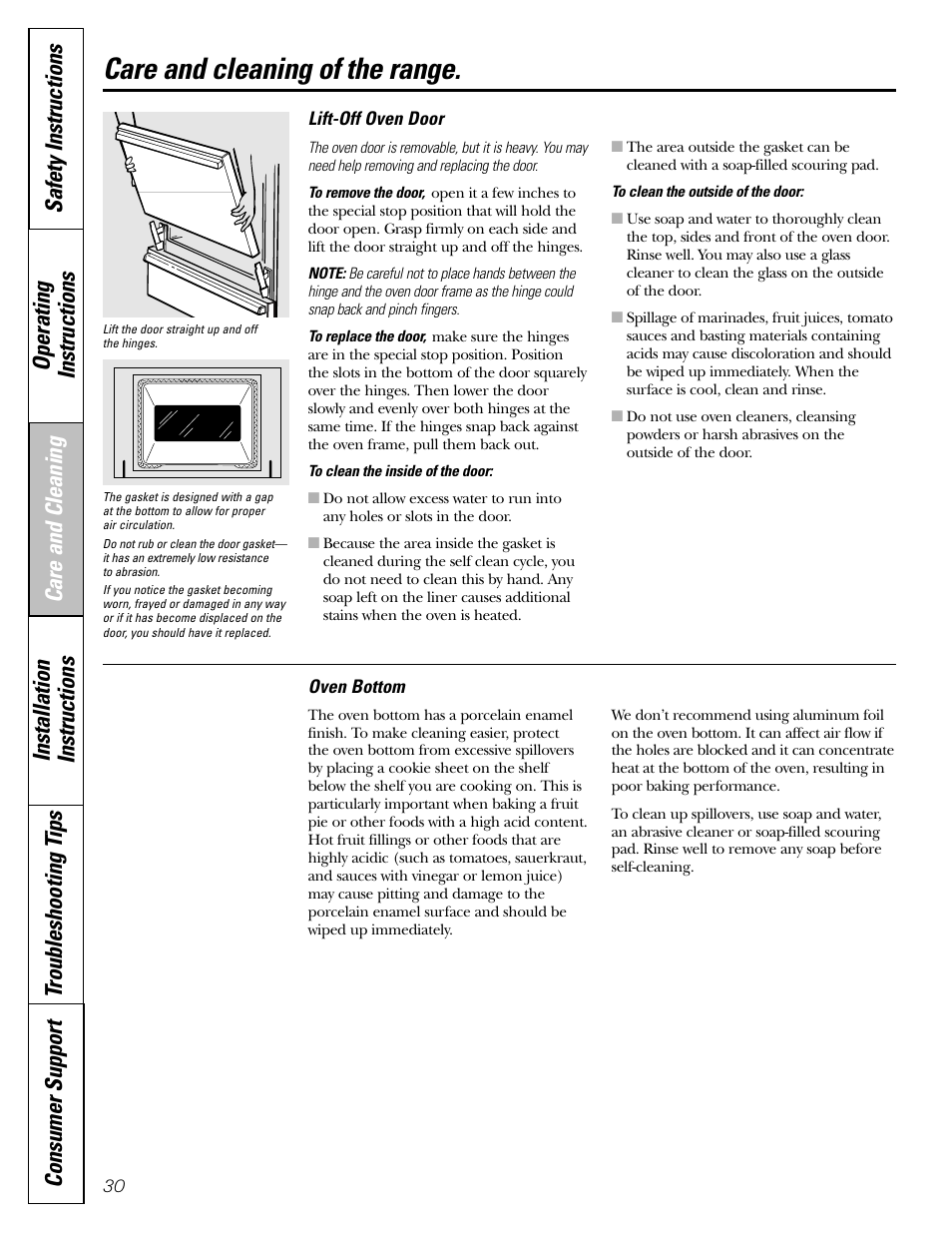Door removal, Oven bottom, Care and cleaning of the range | GE EGR2001 User Manual | Page 30 / 56