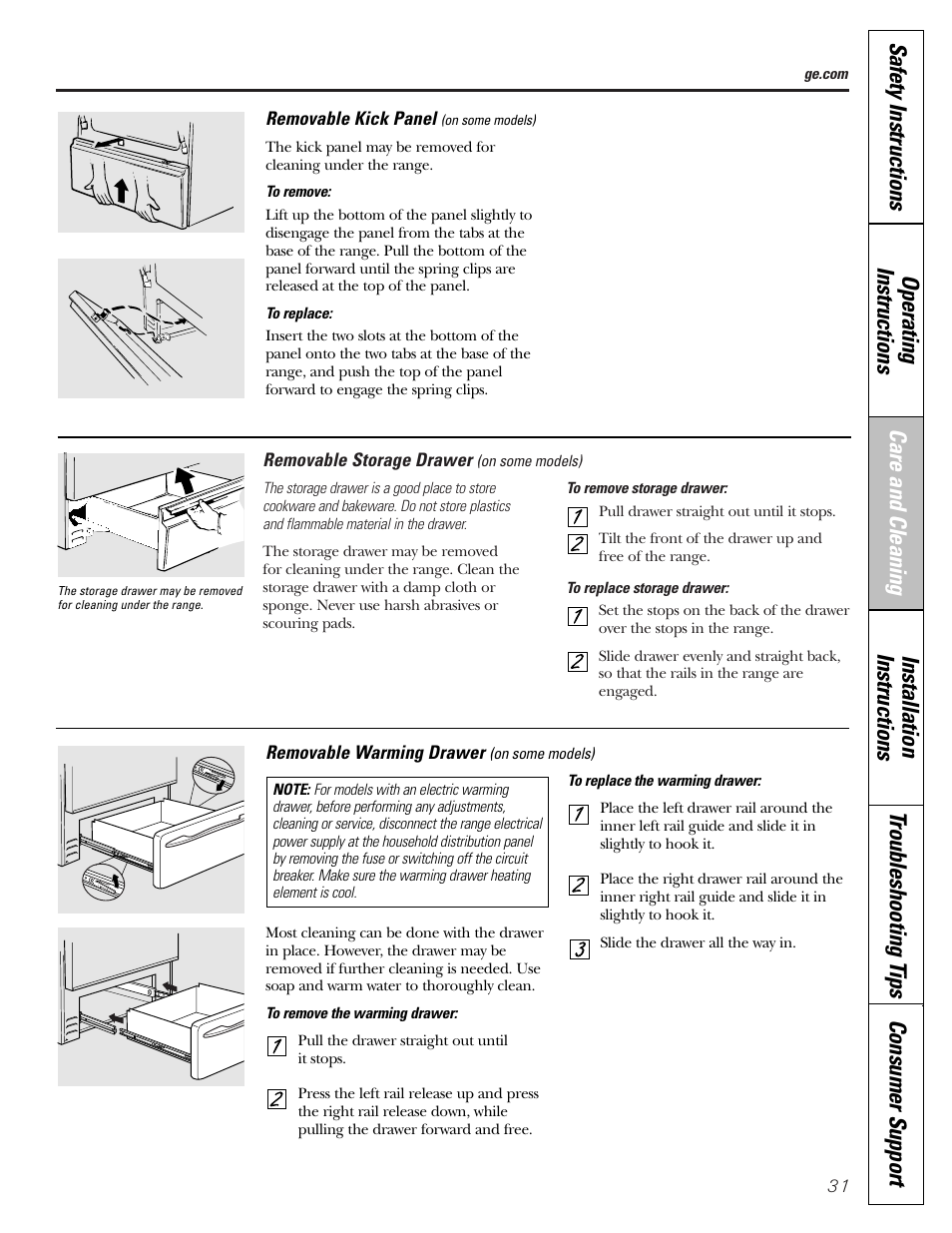 Kick panel, Storage drawer, Warming drawer | Storage drawer warming drawer | GE EGR2001 User Manual | Page 31 / 56