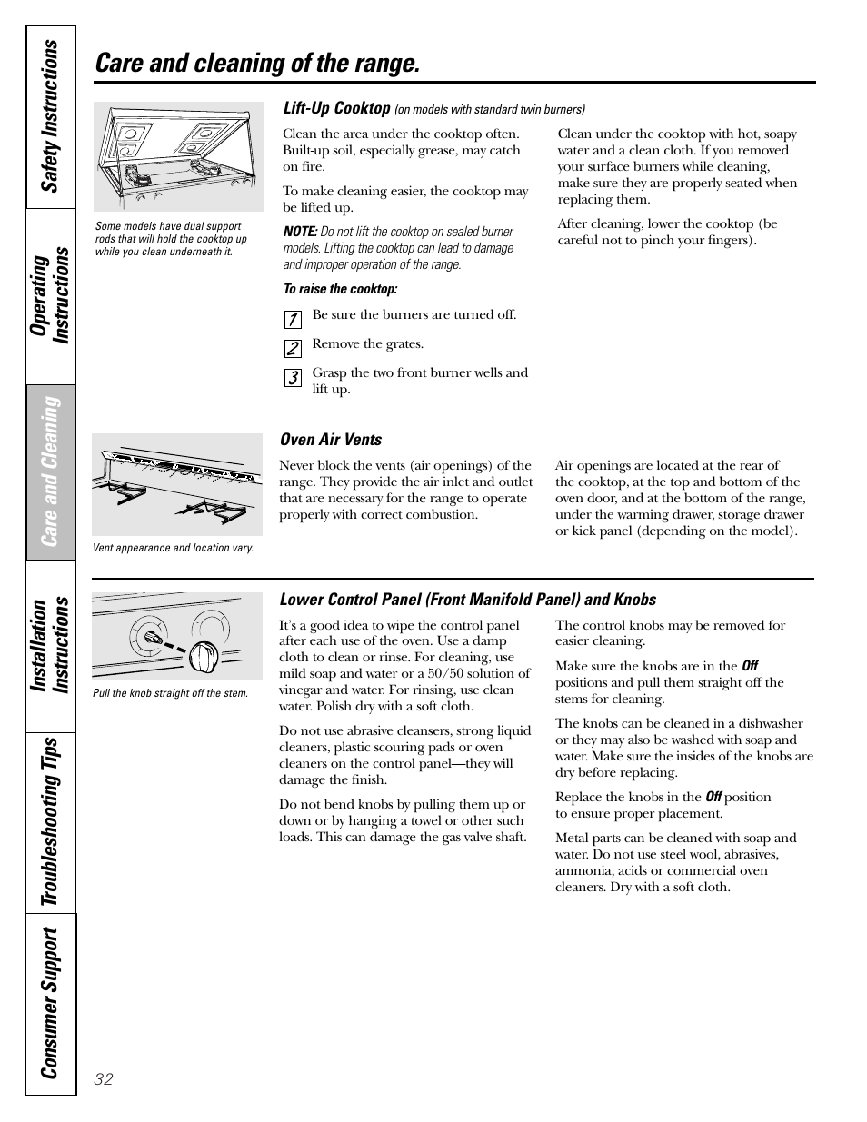 Control panel and knobs, Lift-up cooktop, Oven vents | Care and cleaning of the range | GE EGR2001 User Manual | Page 32 / 56
