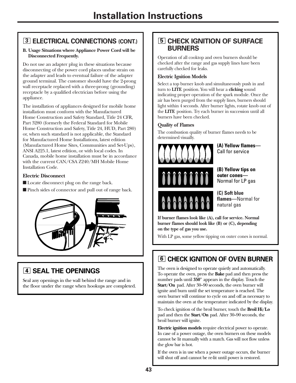 Checking burner ignition, Installation instructions, Electrical connections | Check ignition of surface burners, Seal the openings, Check ignition of oven burner | GE EGR2001 User Manual | Page 43 / 56