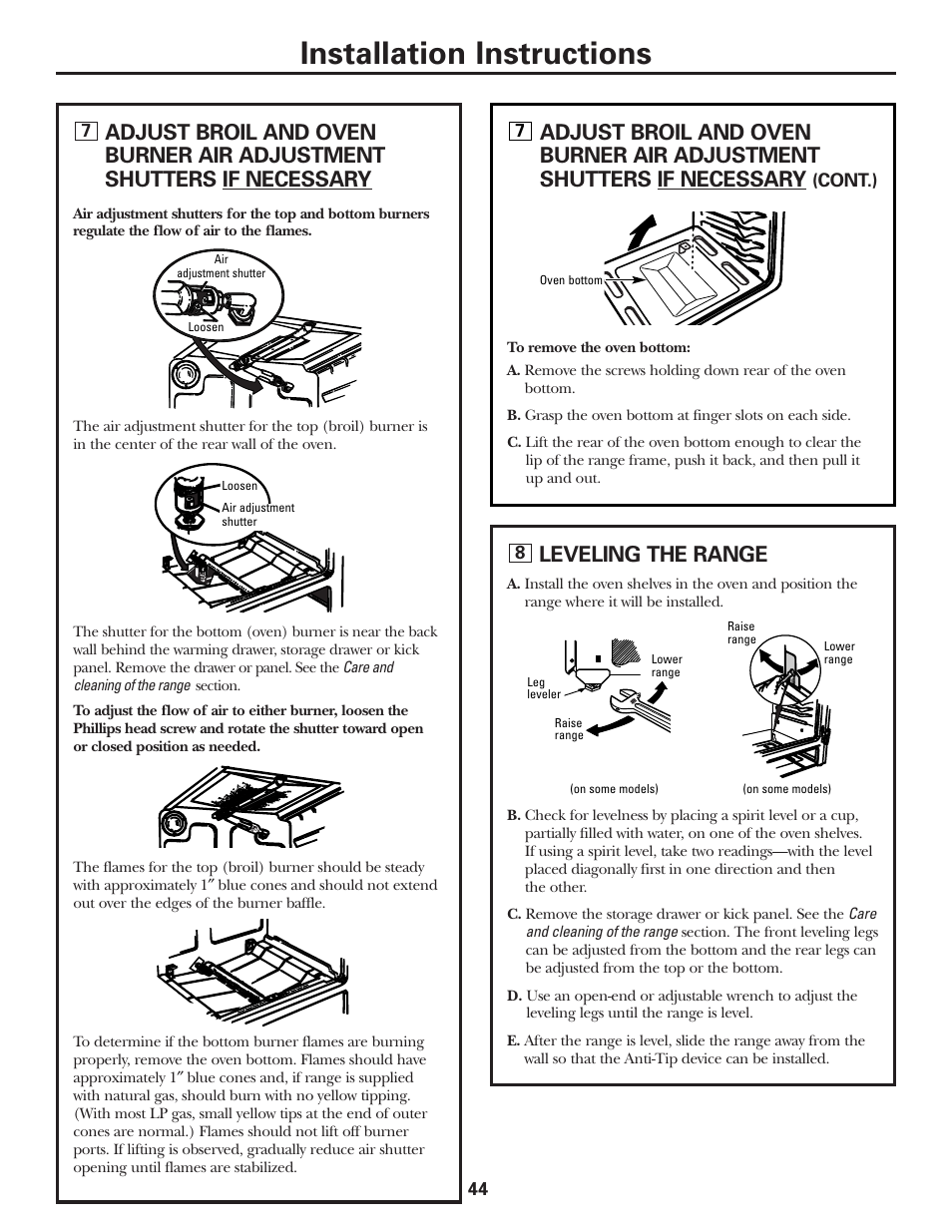 Air adjustment, Leveling the range, Installation instructions | GE EGR2001 User Manual | Page 44 / 56