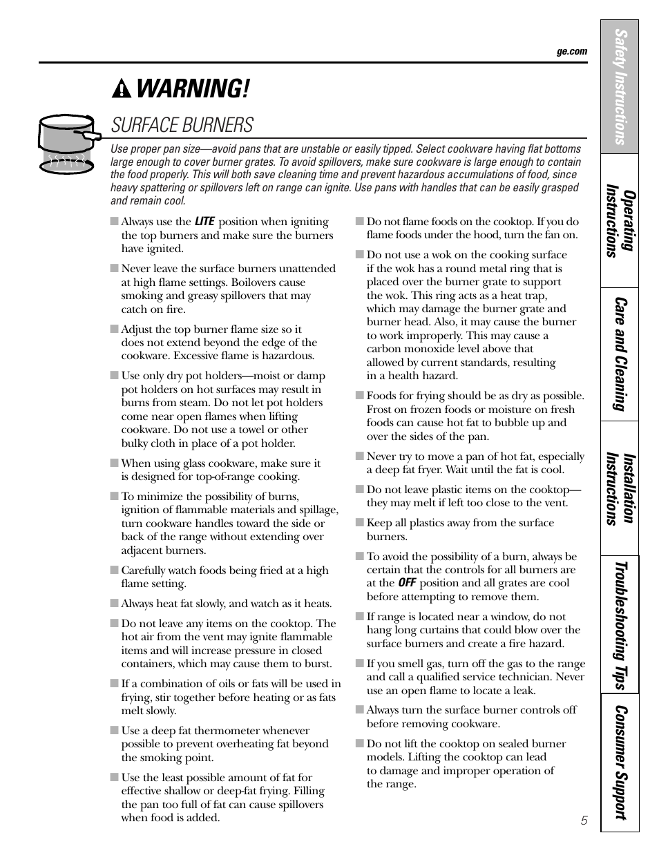 Warning, Surface burners | GE EGR2001 User Manual | Page 5 / 56