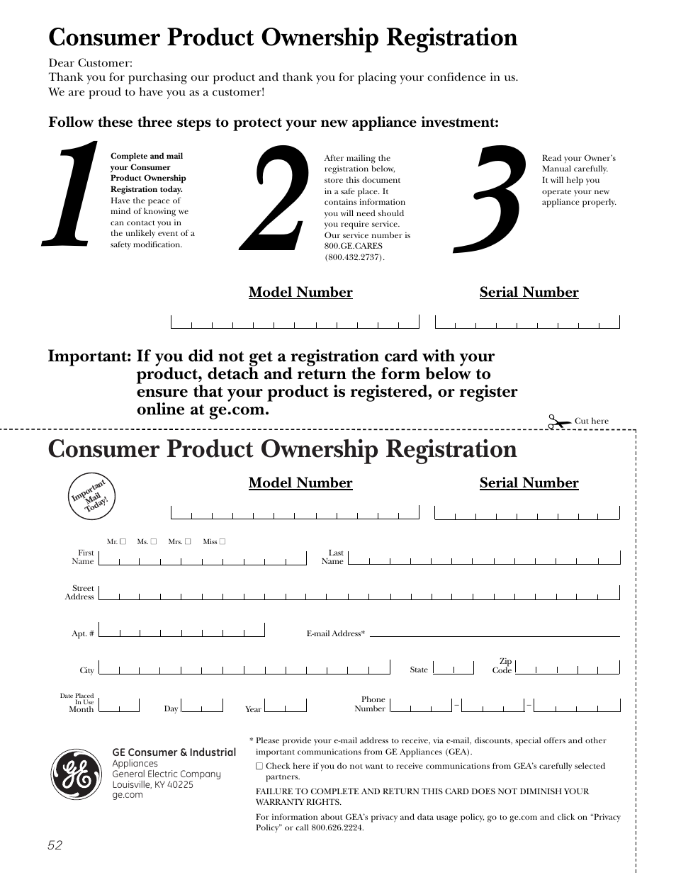 Consumer product ownership registration, Model number serial number | GE EGR2001 User Manual | Page 52 / 56