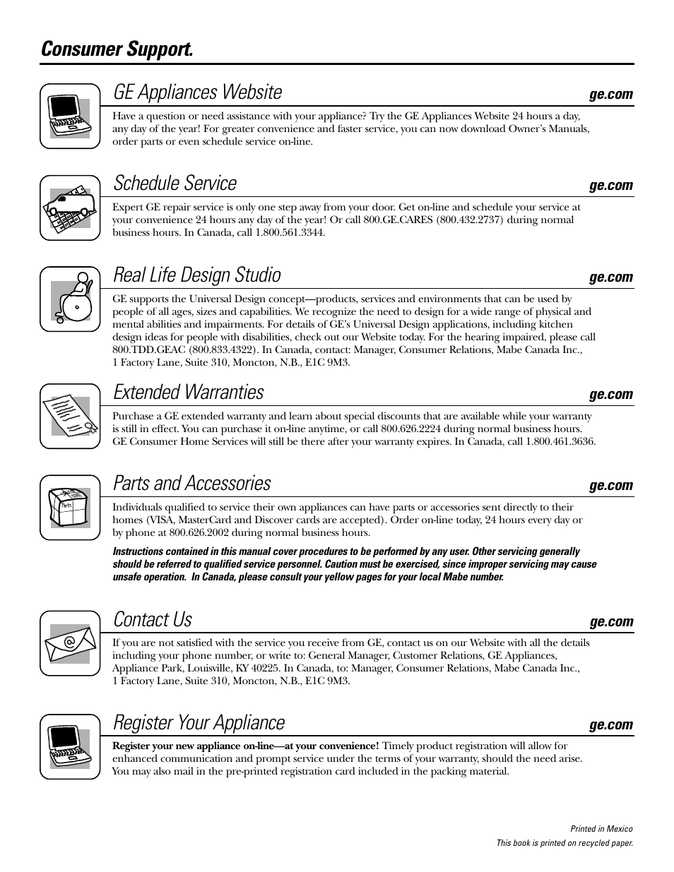 Consumer support, Consumer support . . . . . . . . . .back cover, Ge appliances website | Schedule service, Real life design studio, Extended warranties, Parts and accessories, Contact us, Register your appliance | GE EGR2001 User Manual | Page 56 / 56