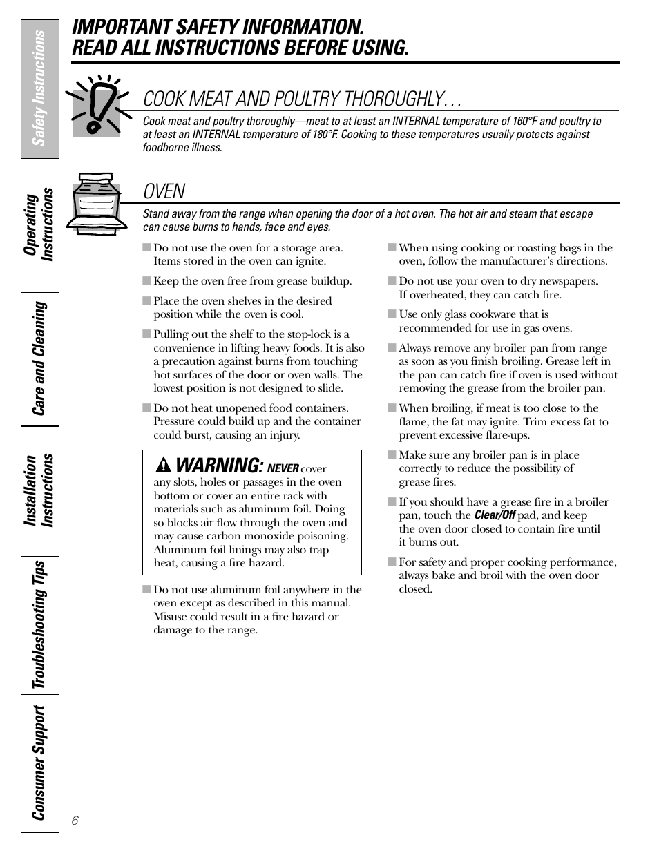 Oven cook meat and poultry thoroughly | GE EGR2001 User Manual | Page 6 / 56