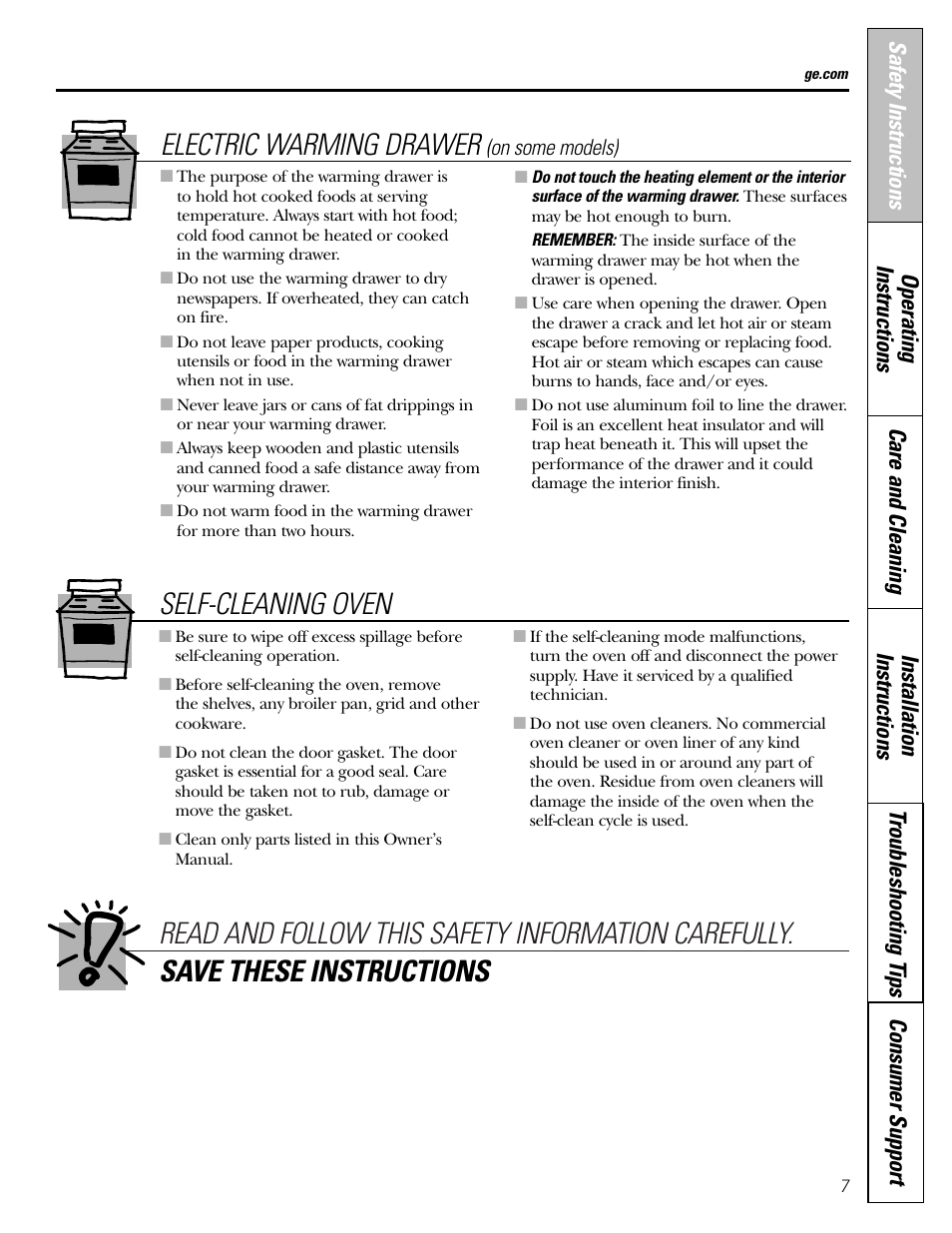 Self-cleaning oven, Electric warming drawer | GE EGR2001 User Manual | Page 7 / 56