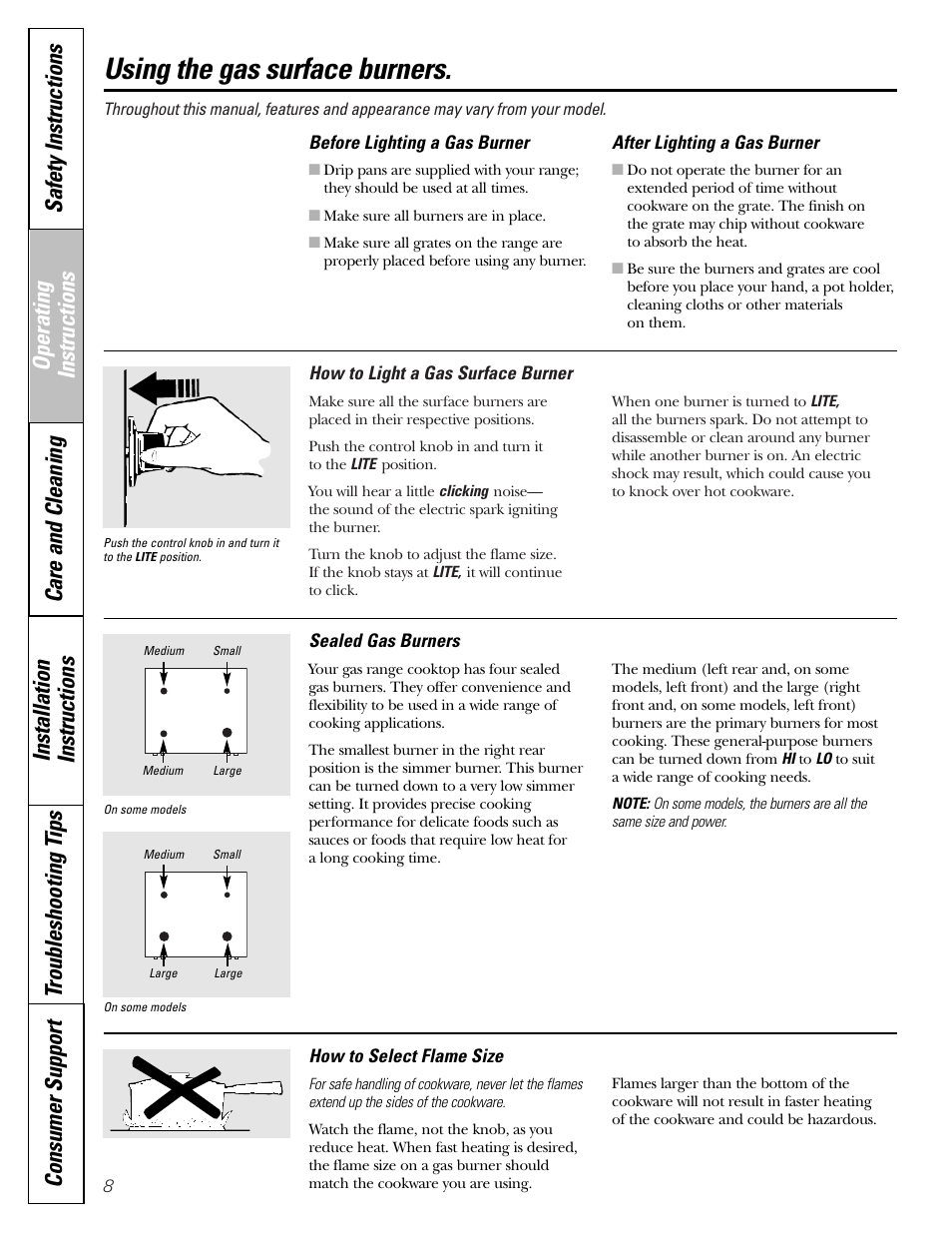 Surface cooking, Surface cooking , 9, Using the gas surface burners | GE EGR2001 User Manual | Page 8 / 56