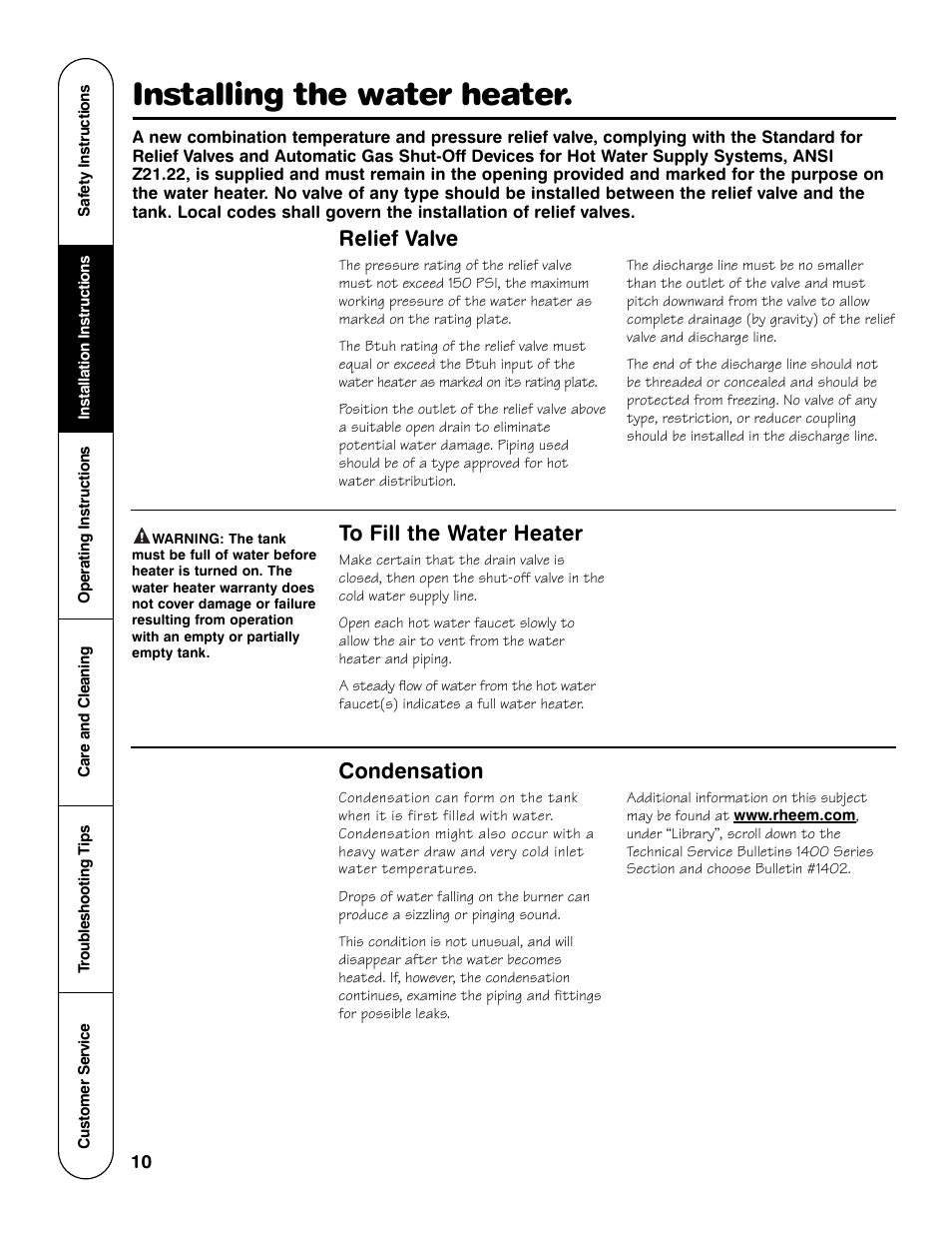 Installing the water heater, Relief valve, Condensation | GE Powervent AP13787 User Manual | Page 10 / 36