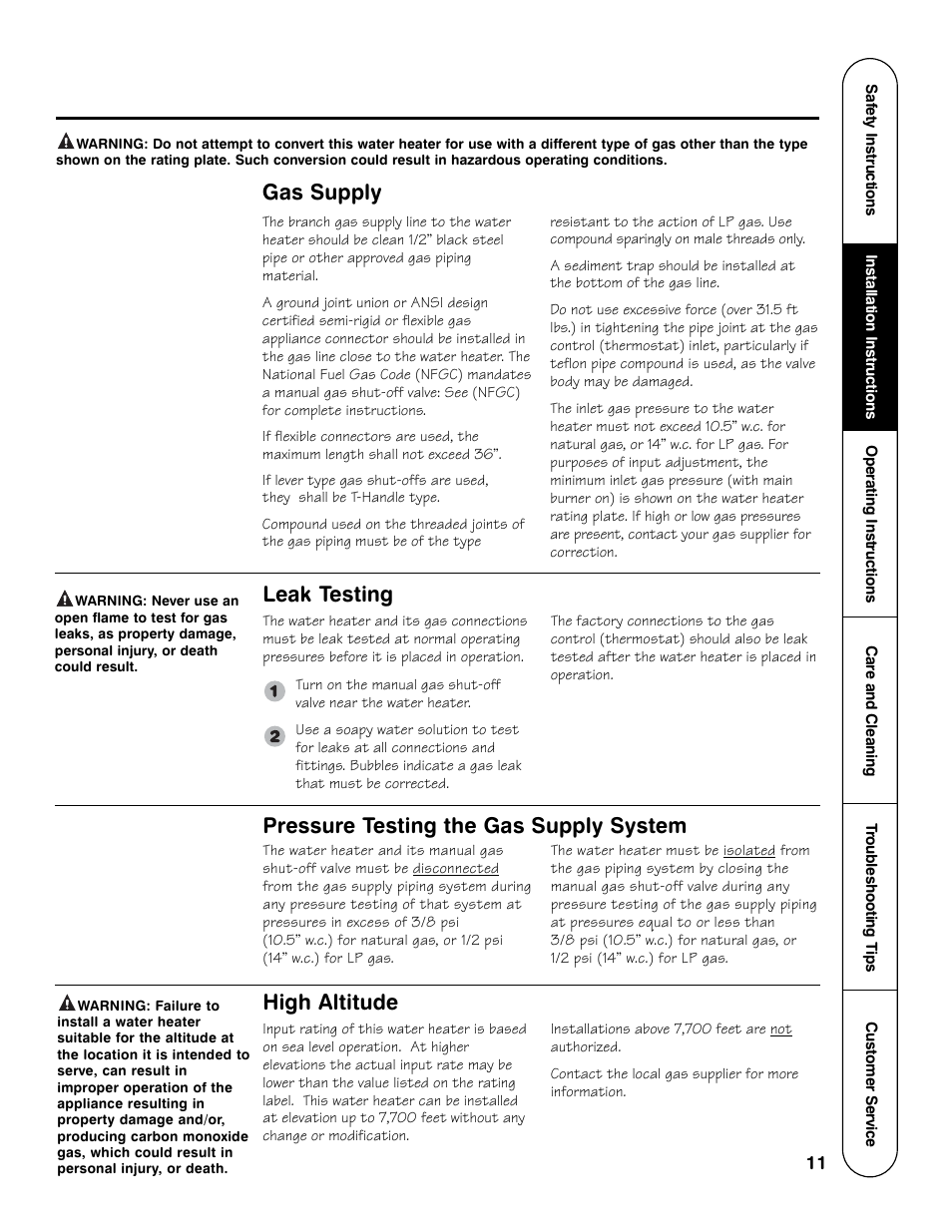 Leak testing, High altitude, Pressure testing the gas supply system | Gas supply | GE Powervent AP13787 User Manual | Page 11 / 36