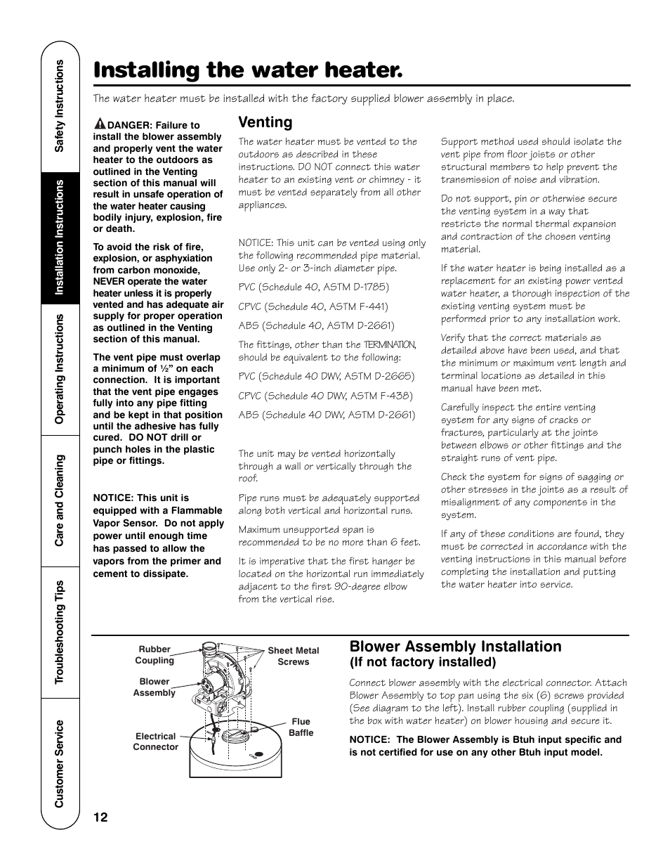 Installing the water heater, Venting, Blower assembly installation | GE Powervent AP13787 User Manual | Page 12 / 36