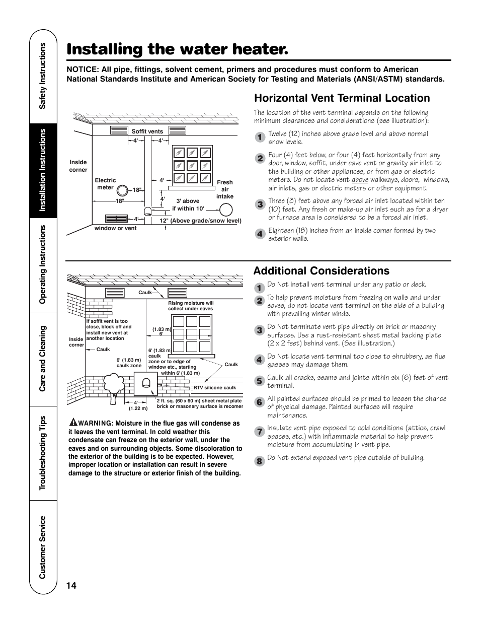 Installing the water heater, Additional considerations, Horizontal vent terminal location | GE Powervent AP13787 User Manual | Page 14 / 36