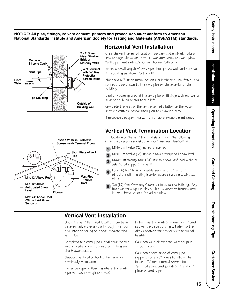 Vertical vent installation, Vertical vent termination location, Horizontal vent installation | GE Powervent AP13787 User Manual | Page 15 / 36