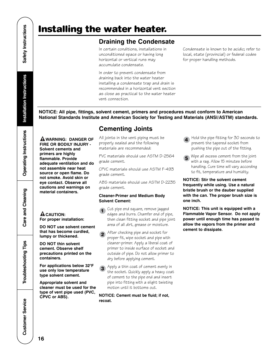 Installing the water heater, Cementing joints, Draining the condensate | GE Powervent AP13787 User Manual | Page 16 / 36