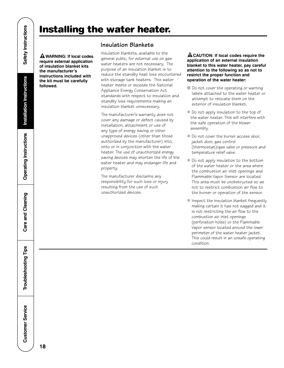 Installing the water heater, Insulation blankets | GE Powervent AP13787 User Manual | Page 18 / 36