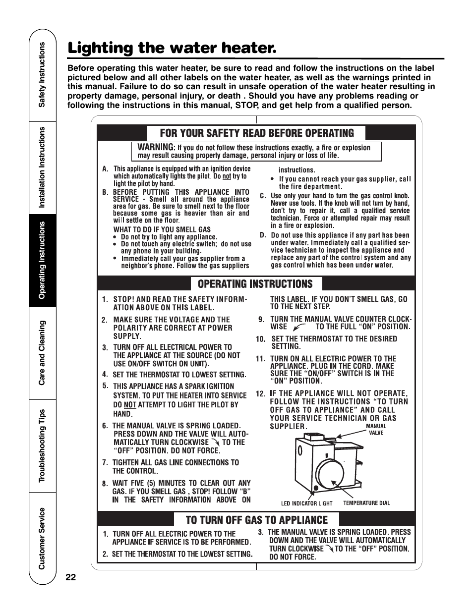 Lighting the water heater | GE Powervent AP13787 User Manual | Page 22 / 36