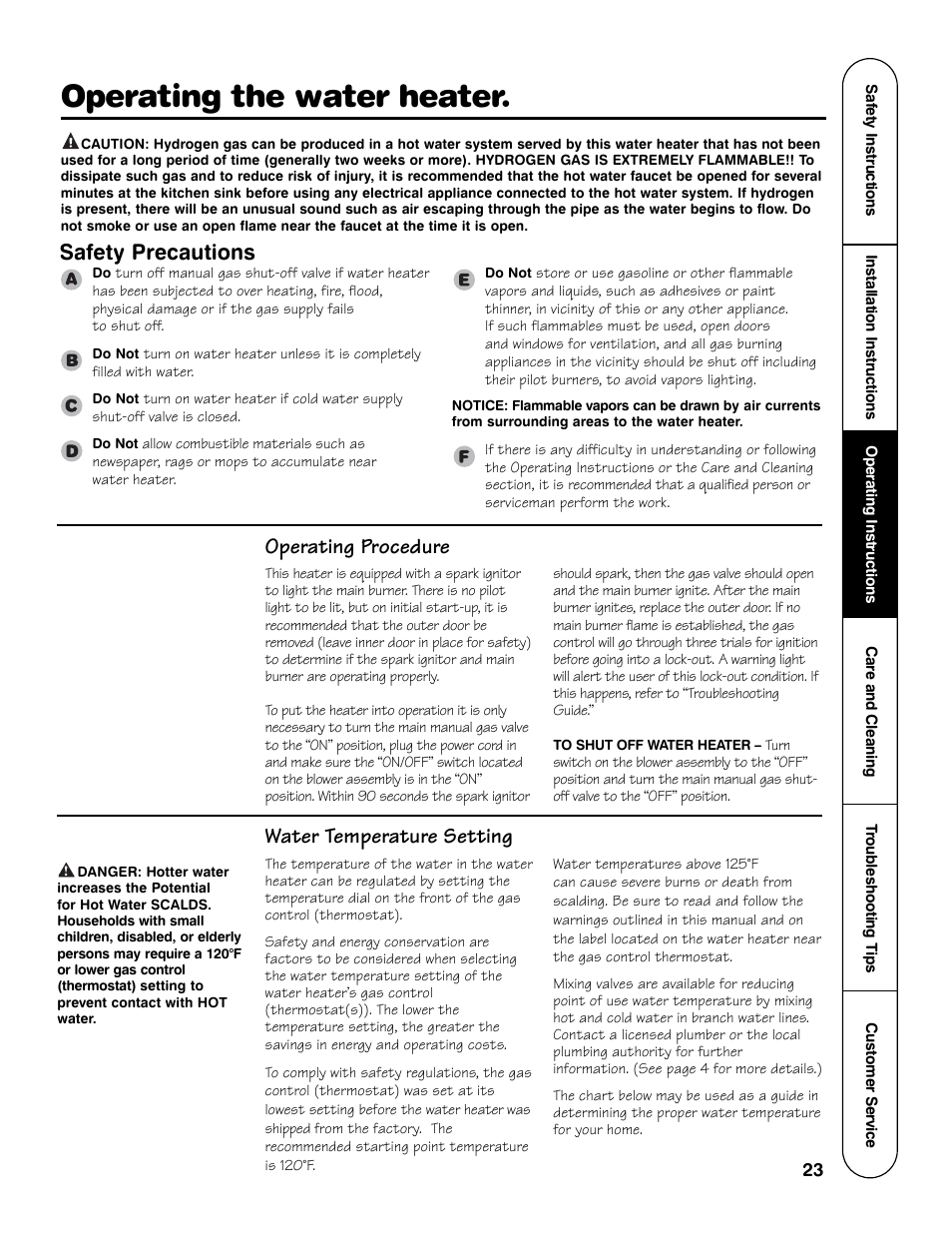 Operating the water heater, Water temperature setting, Safety precautions | Operating procedure | GE Powervent AP13787 User Manual | Page 23 / 36