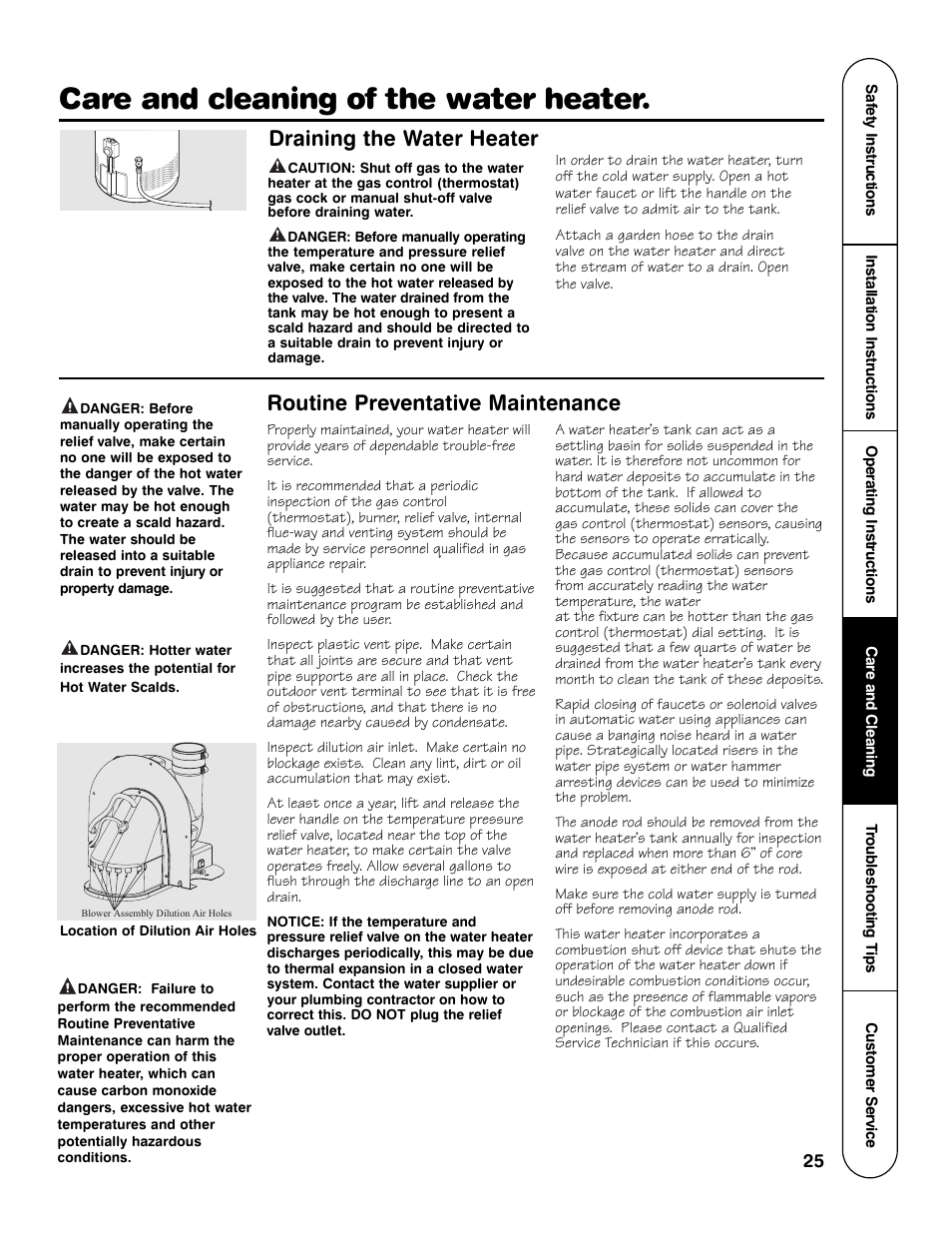 Care and cleaning of the water heater, Draining the water heater, Routine preventative maintenance | GE Powervent AP13787 User Manual | Page 25 / 36