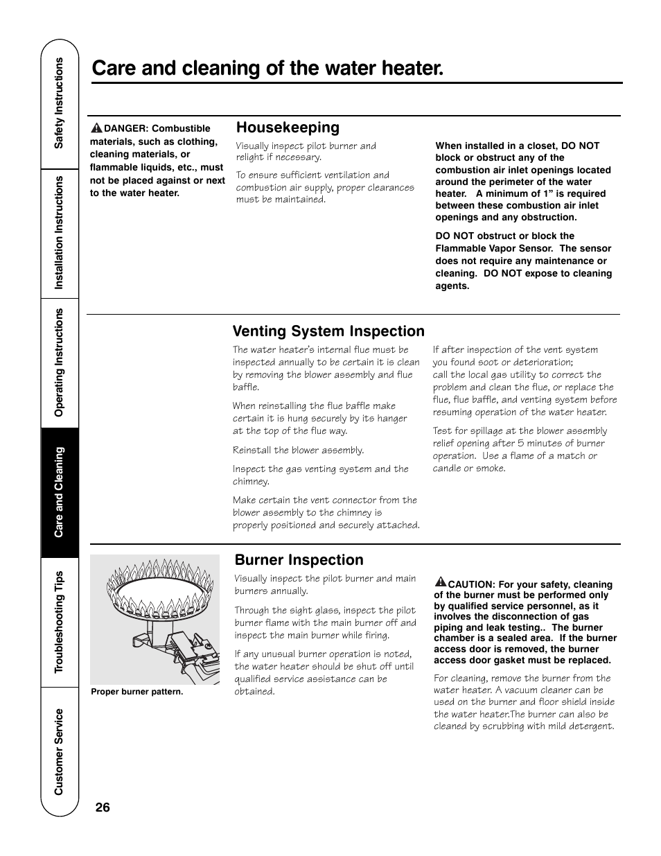Care and cleaning of the water heater, Venting system inspection, Housekeeping | Burner inspection | GE Powervent AP13787 User Manual | Page 26 / 36